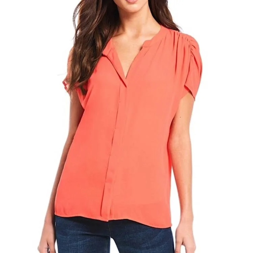 Gibson Latimer Shirring Shoulder Button Down Semi Sheer Blouse Orange Coral Pink